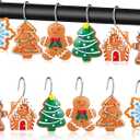 Threehoney 12 Pcs Winter Shower Curtain Hooks 6 Styles Snowflake Gingerbread Man House Rustproof Hangers Hooks Xmas Tree Decorative Curtain Rings for Bathroom Winter Holiday Decor
