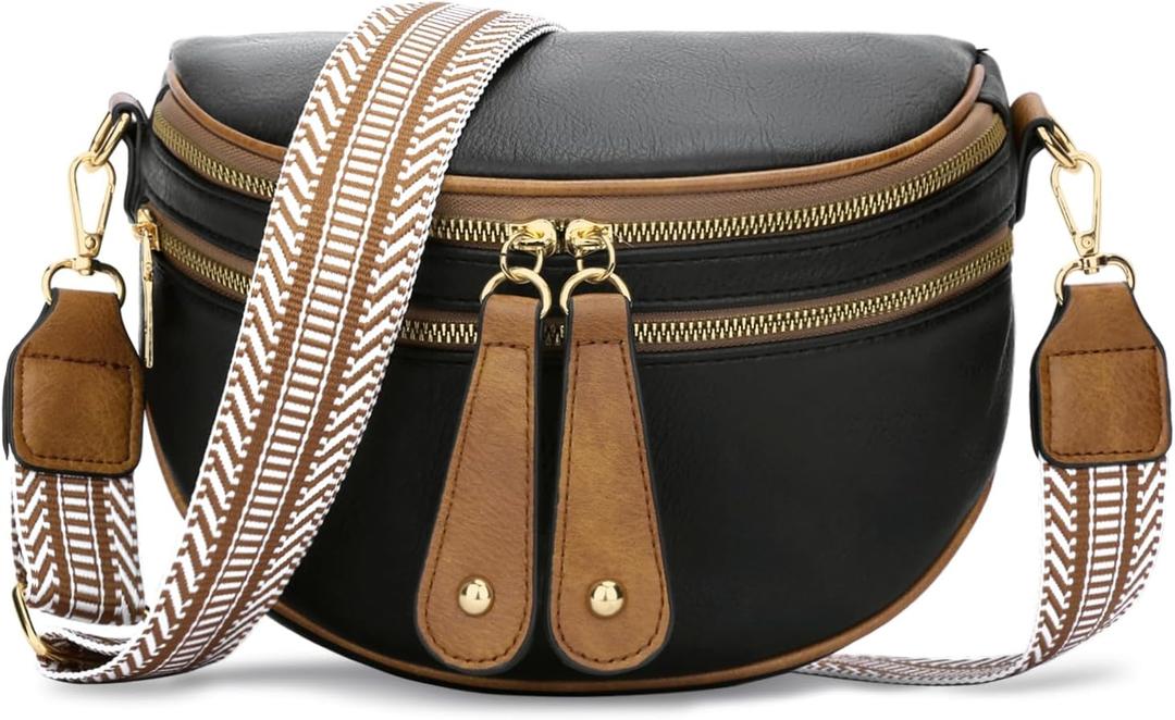 KKXIU Crossbody Sling Bag for Women Trendy Fanny Pack Vegan Leather Chest Bag (Black)