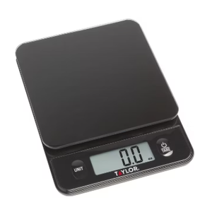 Taylor Glass Top Food Scale with Touch Controls, 11 lb Capacity, Sleek Black Design for Precision Food Measurement in Grams and Ounces