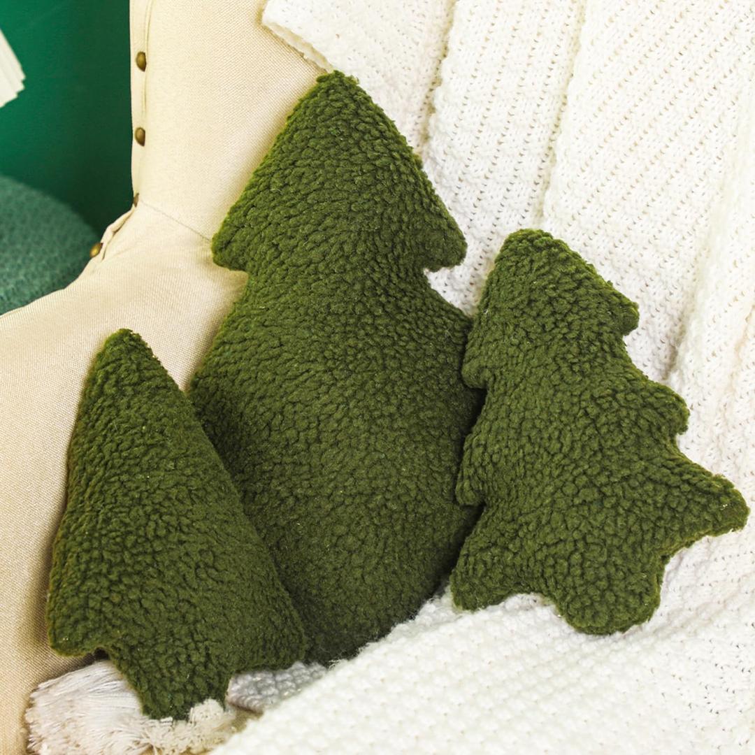 Shappy 3 Pcs Christmas Tree Throw Pillows Xmas Tree Shaped Plush Pillow Stuffed Christmas Decor for Party Home Sofa Cushion Bed Decorations (Dark Green)