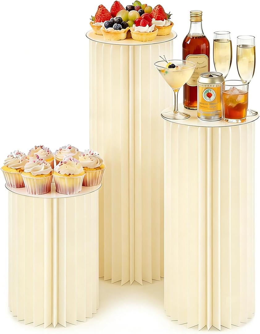 Miory Cylinder Stands for Party, Set of 3 - 15.7"+23.6"+31.5" | Foldable Cardboard with 3 PCS Acrylic Disc, For Birthday Party, Wedding, Family Gathering, Decorative Display