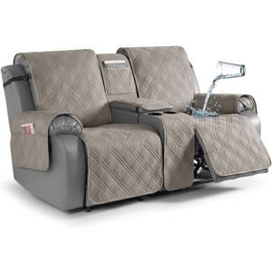 TAOCOCO Loveseat Recliner Cover with Center Console, 100% Waterproof Pet Covers for Dual Recliner with Straps Design, Split Reclining Loveseat Cover Furniture Pet&Kid Protector (2 Seater, Light Brown)