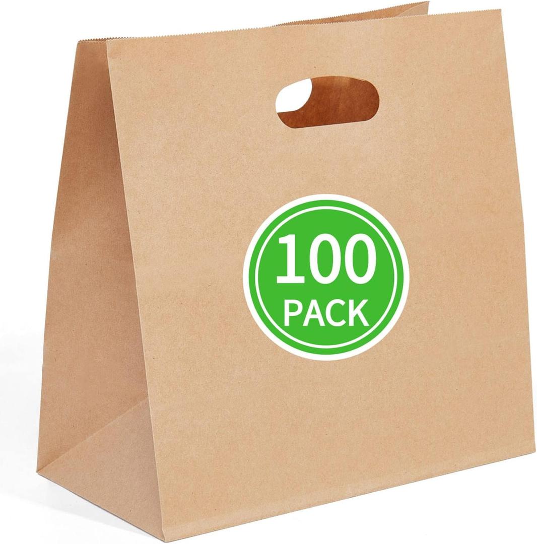 PAICUIKE 100 Pcs 11x6x11 Die Cut Tote Brown Paper Bags with Handle Bulk, Kraft Paper Grocery/Takeout Bags for Restaurant, Bakery, Retail