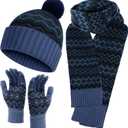 Winter Beanie Hat Scarf Gloves Set for Women Men Warm Hat Long Knit Scarf Glove Cold Weather Winter Gift for Adult (Black, Blue)