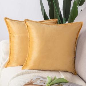 MADIZZ Set of 2 Super Soft Velvet Decorative Throw Pillow Covers 20x20 inch Gold Square with Fringe Luxury Style Cushion Case Pillow Shell for Sofa Bedroom