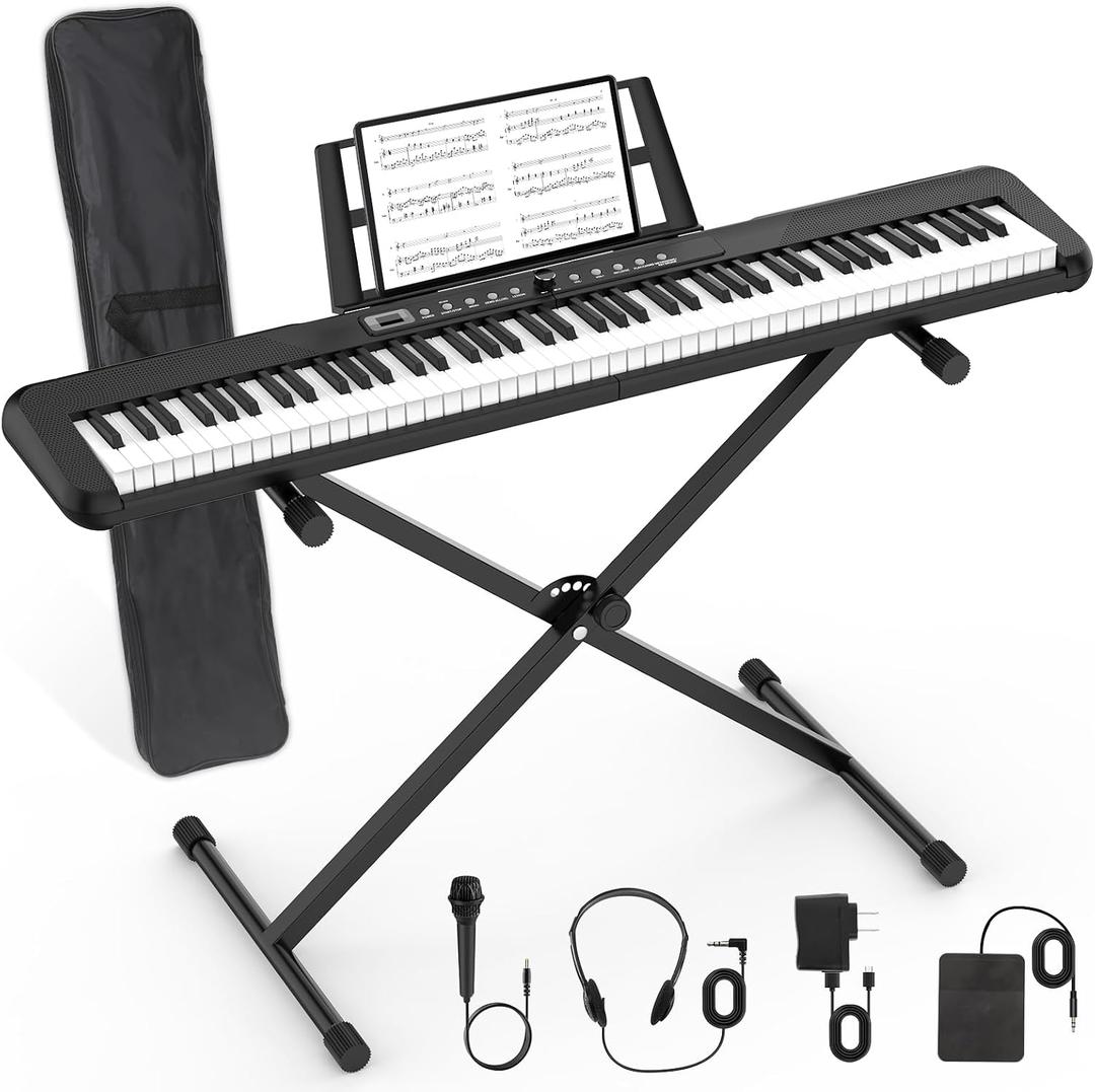 88 Key Piano Keyboard, Electric Digital Piano with Semi Weighted Keys, Keyboard Piano with Sustain Pedal, Power Supply, Stand, Carrying Case, Headphones, USB-MIDI Compatibility, for Beginner Adults, Full Size
