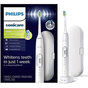 PHILIPS Sonicare ProtectiveClean 6100 Rechargeable Electric Toothbrush, with Pressure Sensor, 3 Cleaning Modes, SmarTimer and QuadPacer, 14-Day Battery Life, Travel Case, White, Model HX6877/21
