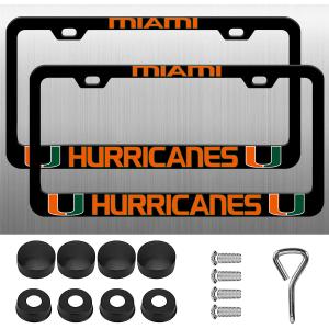 2 Piece License Plate Frame for Miami Hurricanes, 2 Holes License Plate Holder for UM,Universal Aluminum Tag Frame for License Plate for Cover Front and Rear Car Tags (Black)