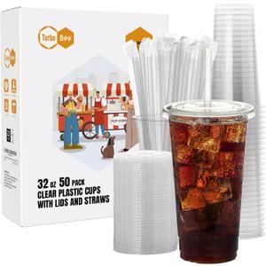Turbo Bee 50 Sets 32 OZ Clear Plastic Cups with Lids and Straws, Disposable To Go Iced coffee cups with lids for Cold Drinks, Smoothie, and Slushie