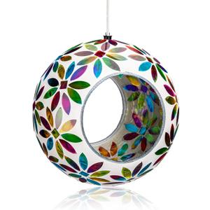 VCUTEKA Bird Feeder for Outside Hanging with Round Shape Glass Container to Attract More Wild Birds, Mosaic Fly Through for Garden, Yard, Backyard, Deck and Porch Decor, 7-Inch (White)