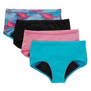 Hanes Girls' Big Comfort Underwear, Hipster Period Panties, Moderate Protection, 4-Pack, Boyshort-Pink/Blue/Black-4 Pack, 1