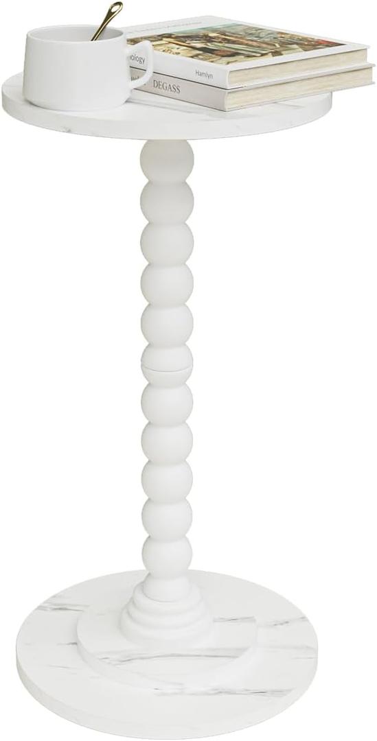 Masupu Round Side Table, Small Drink Table for Small Spaces, Pedestal End Table with Solid Wood Leg for Living Room, Bedroom, Corners(Marble White)