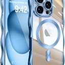 UEEBAI for iPhone 16 Pro Case, Cute Wave Frame Magnetic Phone Case Compatible with Magsafe Full Camera Protection Cover Soft Electroplated Phone Cover for Women Girls - Blue