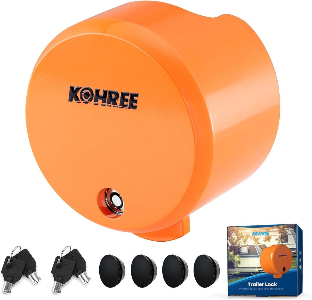 Kohree Heavy Duty Trailer Coupler Lock, RV Trailer Locks fit 2-5/16 inches, 2", 1-7/8" Couplers, Durable Structural Steel Safety Tow Lock with 4 Keys & 4 Dust Covers, Orange