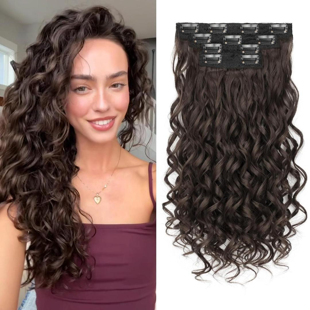 Curly Clip In Hair Extensions, 4PCS 16 Inch Chocolate Brown Extensions Clip Ins, Lace Weft Short Curly Invisible Natural Hairpieces for Women