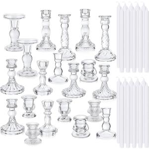 Mumufy 20 Sets Glass Crystal Taper Candle Holders Stand Centerpiece Bulk with 10 in Taper Candles Sticks Clear Decorations Table Wedding Dining Party (Transparent)
