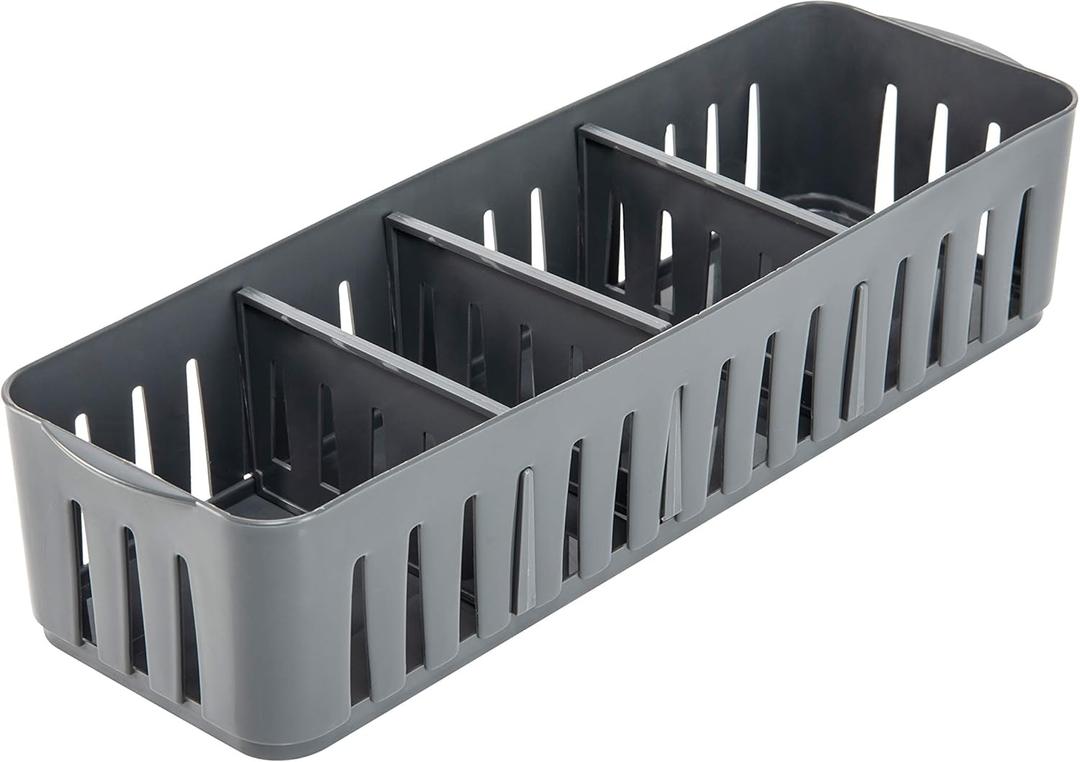 Simplify 4 Compartment Stackable Bin with Adjustable Dividers | Drawer Organizer | Storage Basket | Good for Office | Desk Supplies | Dorm |Bathroom | Accessories | Make Up | Grey (1 Pack)