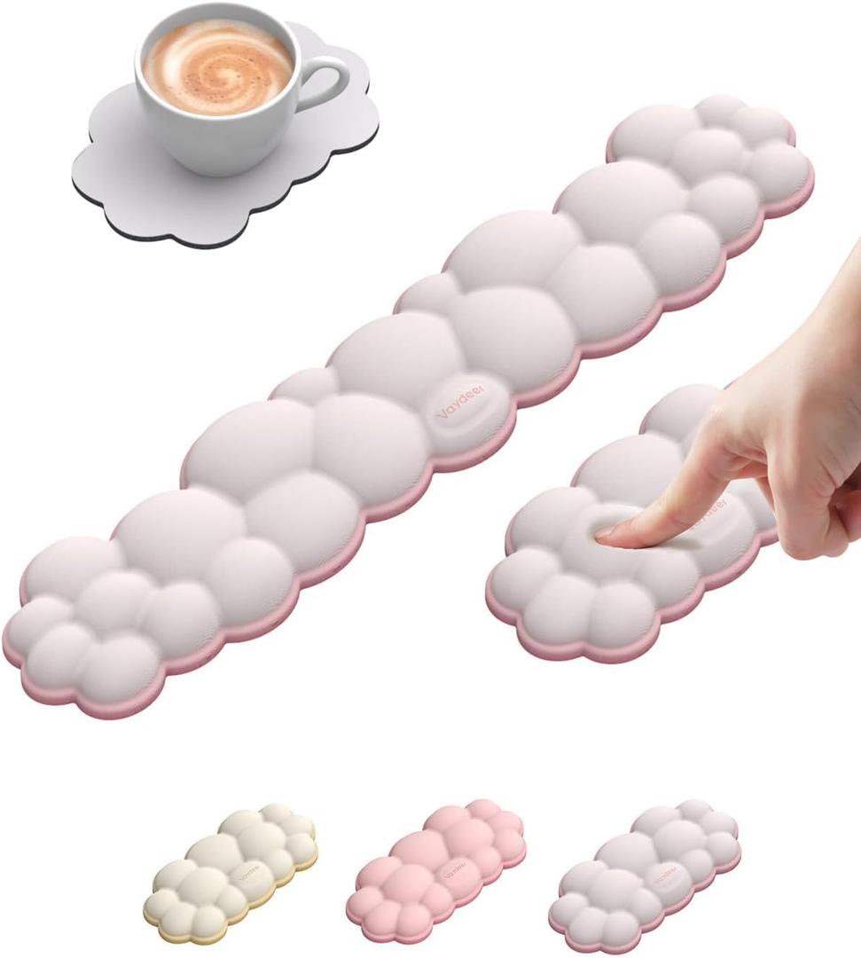 Vaydeer Cloud Keyboard Wrist Rest Set  Ergonomic Memory Foam Wrist Pad for Computer, Laptop & Gaming, Non-Slip Cute Desk Accessories for Office(Keyboard Rest + Mouse Rest + Coaster) (A1-white + Pink) Vaydeer Cloud Keyboard Wrist Rest Set  Ergonomic Memory Foam Wrist Pad for Computer, Laptop & Gaming, Non-Slip Cute Desk Accessories for Office(Keyboard Rest + Mouse Rest + Coaster) (A1-white + Pink)