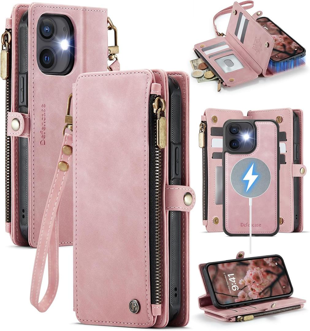 Defencase for iPhone 12/ Pro Magnetic Wallet Case Compatible with Magsafe with RFID Blocking Zipper Strap Card Holder for Women, PU Leather Detachable Case for iPhone 12 & 12 Pro 6.1 inches, Rose Pink