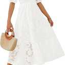 ZESICA Women's 2025 Summer Short Puff Sleeve Crewneck Smocked Floral Lace Flowy A Line Tiered Maxi Dresses (Small, White)