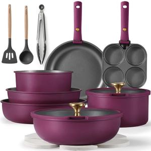 CAROTE 19pcs Pots and Pans Set, Nonstick Cookware Set Detachable Handle, Induction Kitchen Cookware Sets Non Stick with Removable Handle, RV Cookware Set, Gold and Purple (Ultra Violet 19pcs)