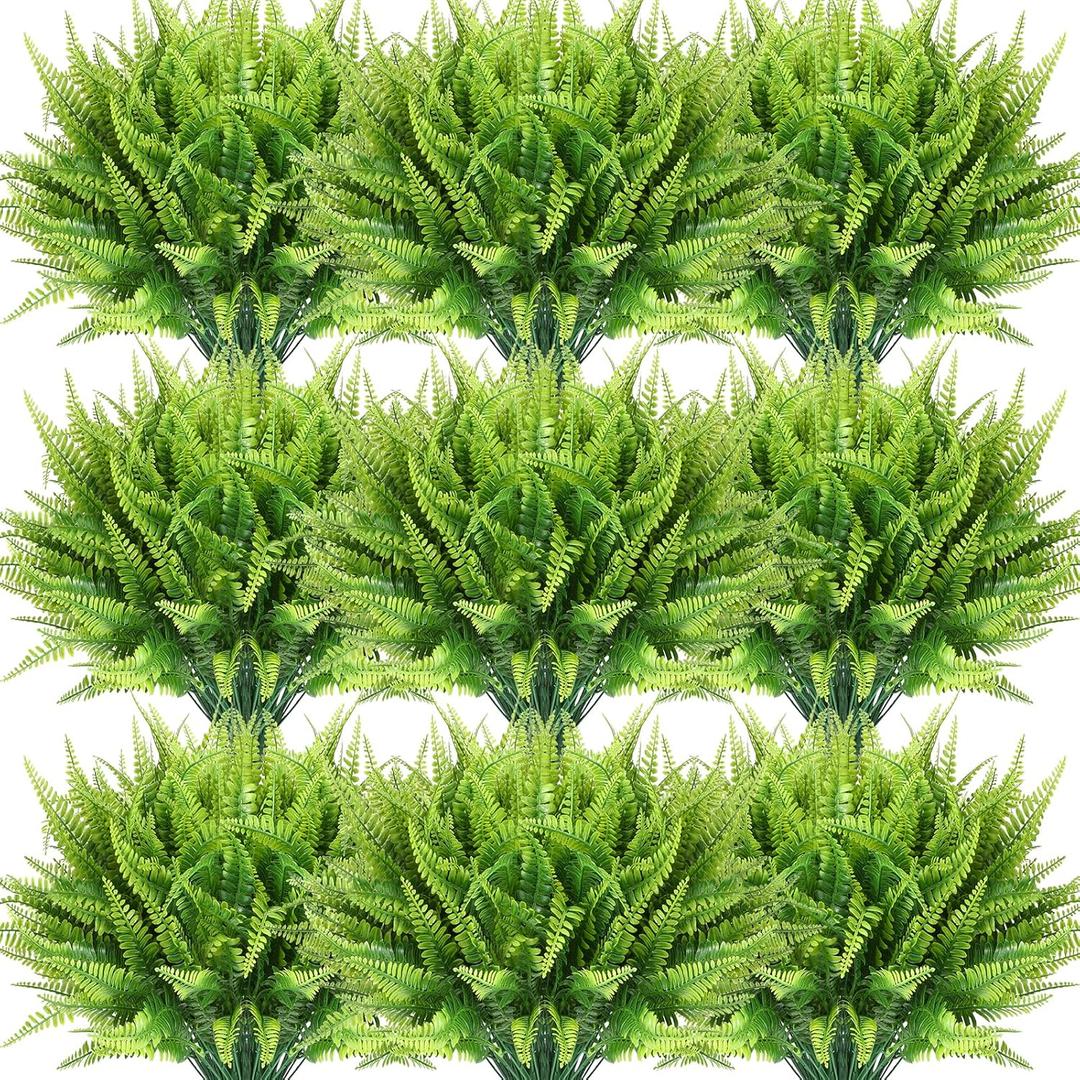 Cindeer 60 Pcs Artificial Boston Fern Plants Fake Boston Fern Stems UV Resistant Faux Plants Artificial Outdoor Plastic Bushes Bulk for Hanging Office Porch Window Home Decorations