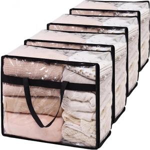 SGHUO Blanket Storage Bags 60L Extra Large Plastic Vinyl Clear Storage Bag for Clothes, Comforter, Bedding, Moving Bags with Zipper and Reinforced Handle (4pcs)