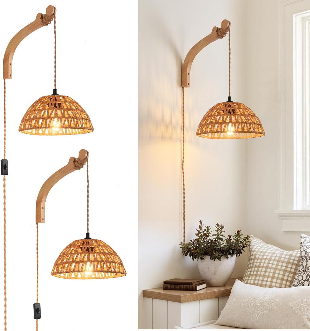 Plug in Wall Sconce,Farmhouse Wicker Wall Lamp Plug in,Hand Woven Rattan Wall Light Farmhouse Rustic Boho Sconces Wall Lighting for Living Room Bedroom (2 PACK, 2 Packs 9.8IN Rattan Lampshade)