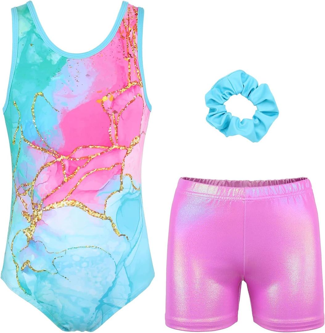 Gymnastics Leotards for Girls with Shorts Sparkly Ballet Dance Activewear (10-11 Years, Mint Crack Set)