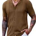 COOFANDY Men's Knit Shirts Vintage Short Sleeve Button Down Shirt Casual Summer Beach Shirt Brown, 4XL