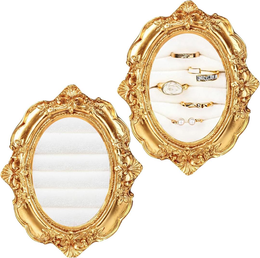 2 Pcs Vintage Ring Holder Gold Oval Jewelry Display Stand Velvet Jewelry Box Stand Frame Necklace Organizer Earring Tray for Birthday Anniversary Engagement Wedding Decoration