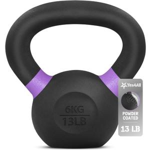Yes4All Powder Coated Kettlebell, Cast Iron Core Kettlebells with Non-Slip Handle & Flat Bottom for Conditioning, Heavy Duty for Strength Training, 9lb to 71lb - Single & Pair (B - Purple - 6 KG / 13 LB)