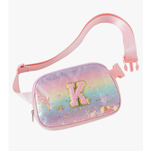Fanny Pack for Girls,Birthday Easter Gifts,Chenille Initial Letter Girls Crossbody Bag,Preppy Teen Belt Bag for Graduation Travel Gifts,Cute Sequin Trendy Stuff. (K, Pink)