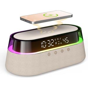 EZVALO 6 in 1 Digital Alarm Clock,Bedside Clock Radio with Fast Wireless Charging 15W, Bluetooth Speaker,Dual Alarm for Heavy Sleepers,FM Radio,12/24H&Snooze,USB Charger,Countdown Timer,RGB Mode (Beige)