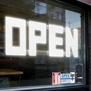50"x17" Large LED Open Sign with Remote and Bluetooth App, Super Bright Open Signs for Business, Dimmable Big Open Sign for Storefront Window Bar Salon Cafes Retail Shops White
