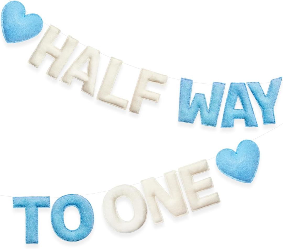 1/2 Way to One Birthday Decorations Blue Beige Handmade Felt Pre-Strung Half Way to One Sign Banner with Heart for 6 Months Birthday Baby Boy Decorations Party Nursery Home Wall Fireplace Decor