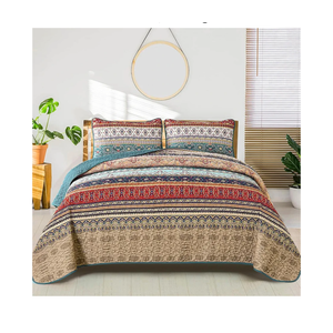 WONGS BEDDING Boho Quilt Set California King, Green and Brown Bohemian Striped Pattern Printed Quilt Coverlet, Lightweight Microfiber Bedspread for All Season 106"x96"(3 Pieces, Cal King)