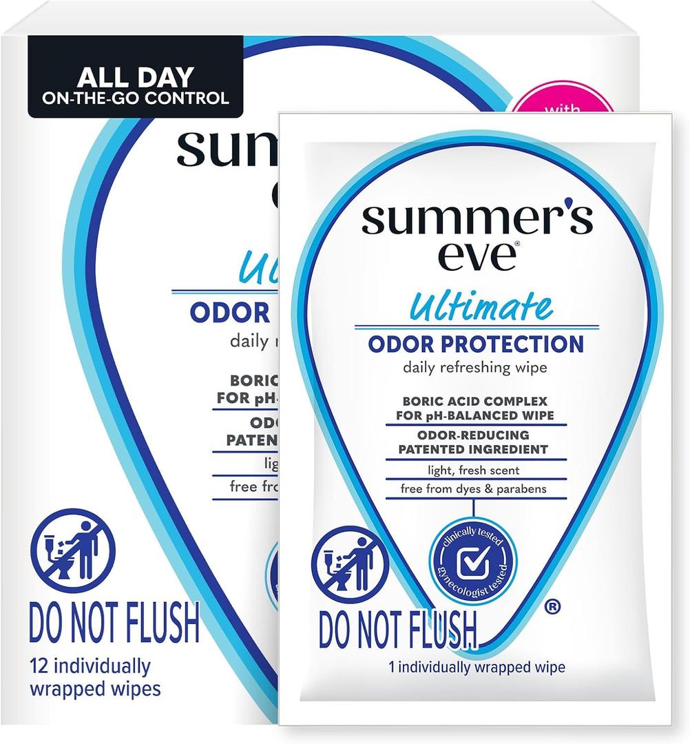 Summer's Eve Ultimate Odor Protection Daily Feminine Wipes, Gentle pH-Balanced Formula with Boric Acid Cleanses & Removes Vaginal Odor, Individually Wrapped Body Wipes, 12 Count