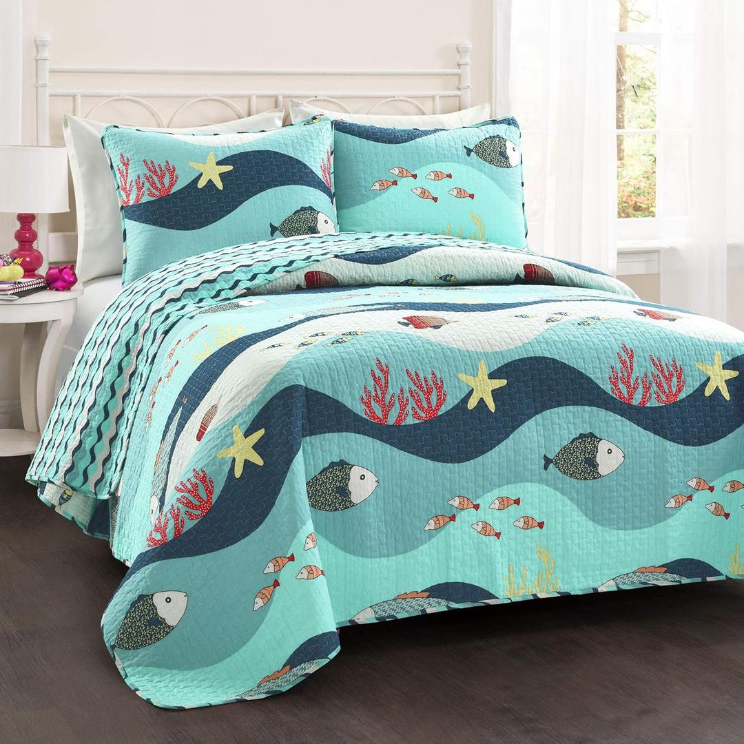 Lush Decor Sea Life Reversible Cotton Quilt Queen Size 3 Piece Set Full/Queen Blue - Kids Bedding Set Queen Quilt - Coastal Bedroom Decor - Beach House