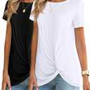 Ficerd 2 Pcs Womens Casual Tunic Tops Twist Knot Short Sleeve T Shirt Summer Tees Crew Neck Shirts Loose Comfy Blouses