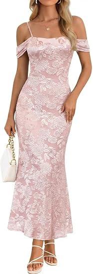 MEROKEETY Women's 2026 Summer Off The Shoulder Spaghetti Strap Floral Mesh Wedding Guest Cocktail Formal Party Maxi Dresses, Pink, Medium