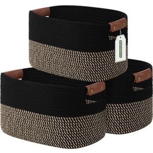 ECDYQXVU Cotton Rope Basket, Storage Baskets with Handle, 15x10x9 Inch Woven Basket for Shelves, Laundry, Towels, Clothes, Books, (Black Brown 3 Pack)