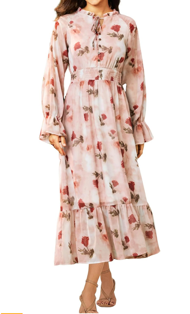 Sunny Spirit Women's Floral Boho Midi Dress 2025 Spring Fall Long Sleeve V Neck Chiffon A-Line Flowy Party Dresses, Large