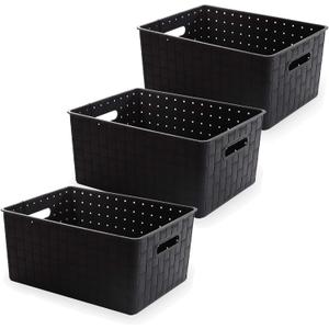 BINO | Plastic Basket, Large - Black | 3 Pack | THE STABLE COLLECTION | Multi-Use Storage Basket | Rectangular Cabinet Organizer | Home & Office Storage Organizer | Baskets for Bathroom Organizing