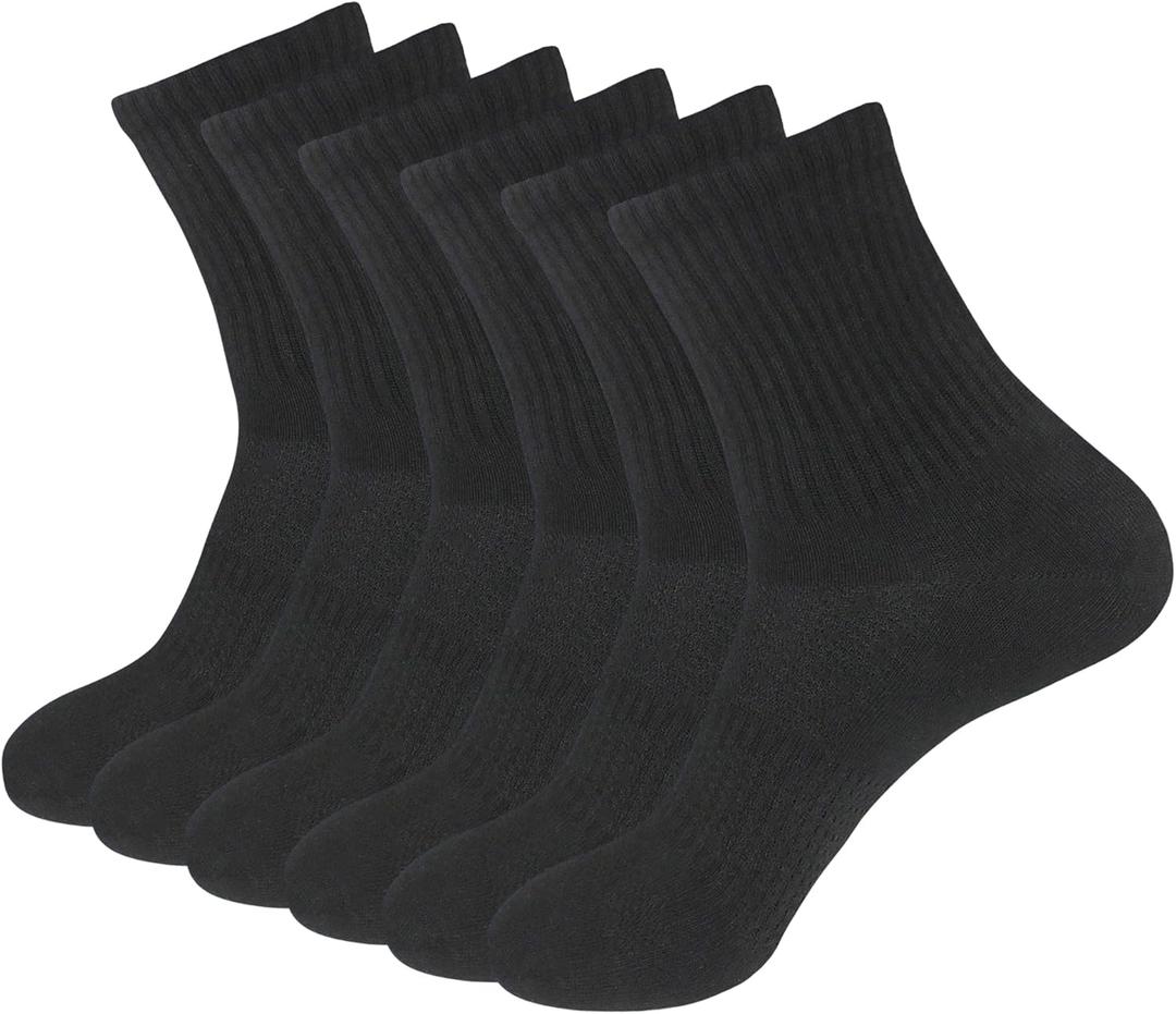 Womens 6-Pack Black Anti Blister Odor Control Quick Dry Compression Quarter Crew Cotton Athletic Hiking Socks, Size 6-10