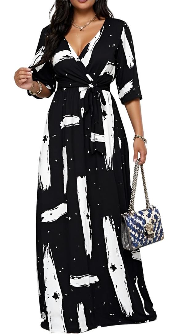 Maxi Dresses for Women Plus Size Printed 3/4 Sleeve Long Dress with Belt