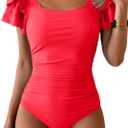 Eomenie Women's Tummy Control One Piece Swimsuit Ruffle Square Neck Bathing Suit Ruched Cutout Back Slimming Swimwear (Medium, Peach Red)