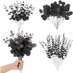 Coreland 120 Pcs 3 Kinds Mixed Artificial Eucalyptus Stems Faux Eucalyptus Leaves Branches Black Flower for Halloween DIY Bouquets Floral Arrangement Wedding Home Decor