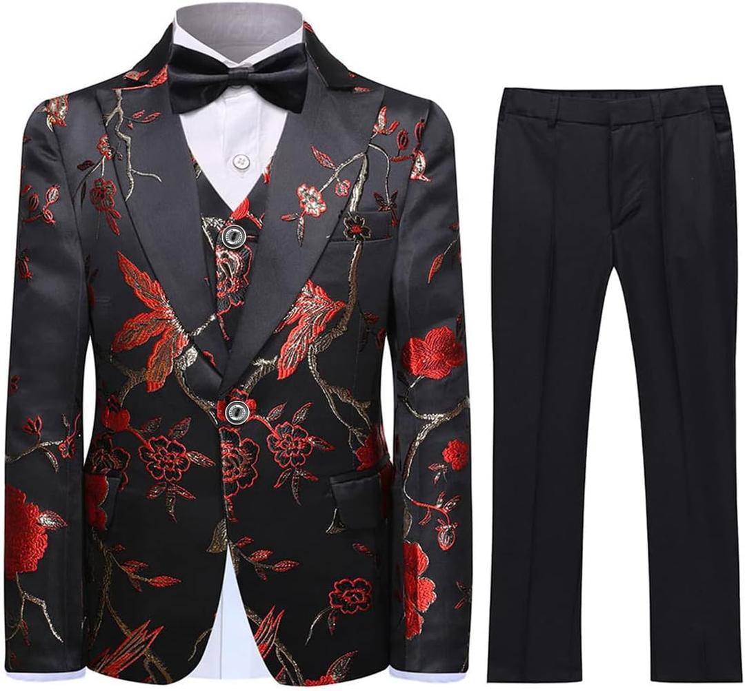 SWOTGdoby Boys Suits 3 Piece Gold Paisley Floral Suit Set Slim Fit Tuxedo Embroidery Suit Blazer Vest Pants, Size 120