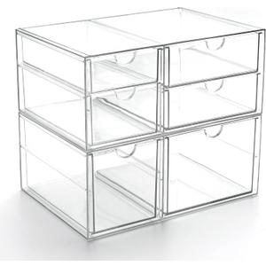 Prsildan Acrylic Drawer Makeup Organizer with 6 Drawers, Set of 2 Office Desk Organizers Accessories, Clear Stackable Storage Drawers for Vanity, Countertop, Craft, Jewelry, Art Supply Organization